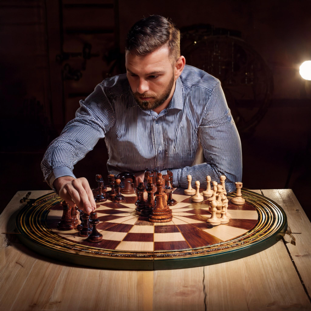 person playing a chess game with the chessboard shaped like a wheel
