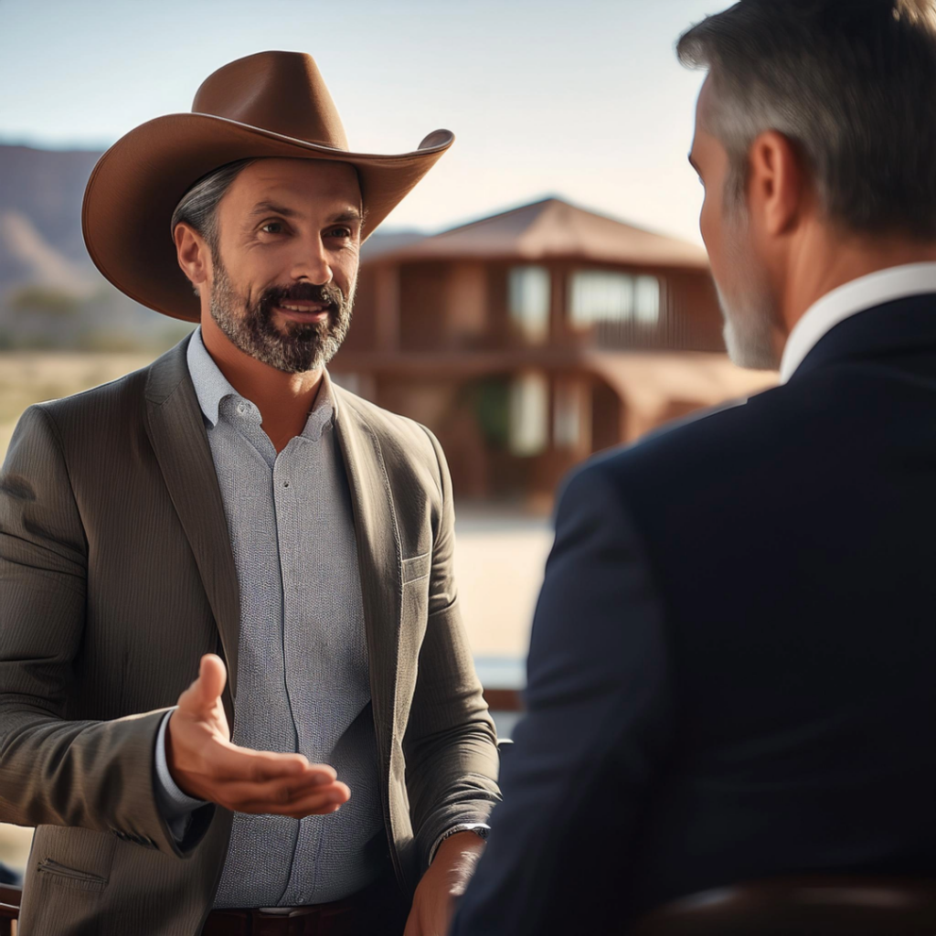 picture of a Commercial Real Estate Investment Advisor wearing a cowboy and speaking with a client