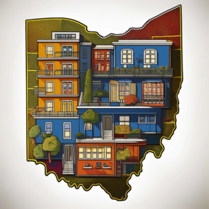 Picture of a multifamily property set within a map of Ohio with Ohio state colors