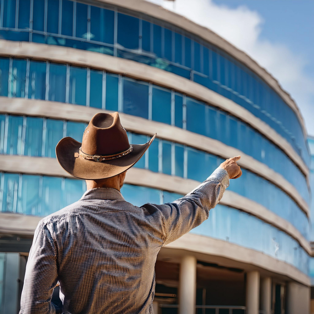 picture of a Commercial Real Estate Investment Advisor wearing a cowboy hat looking at a big building and pointing