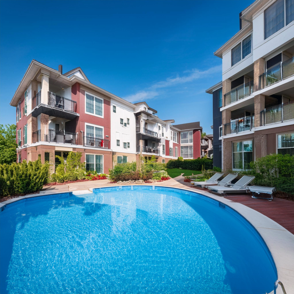 Picture of a multifamily property with a swimming pool 