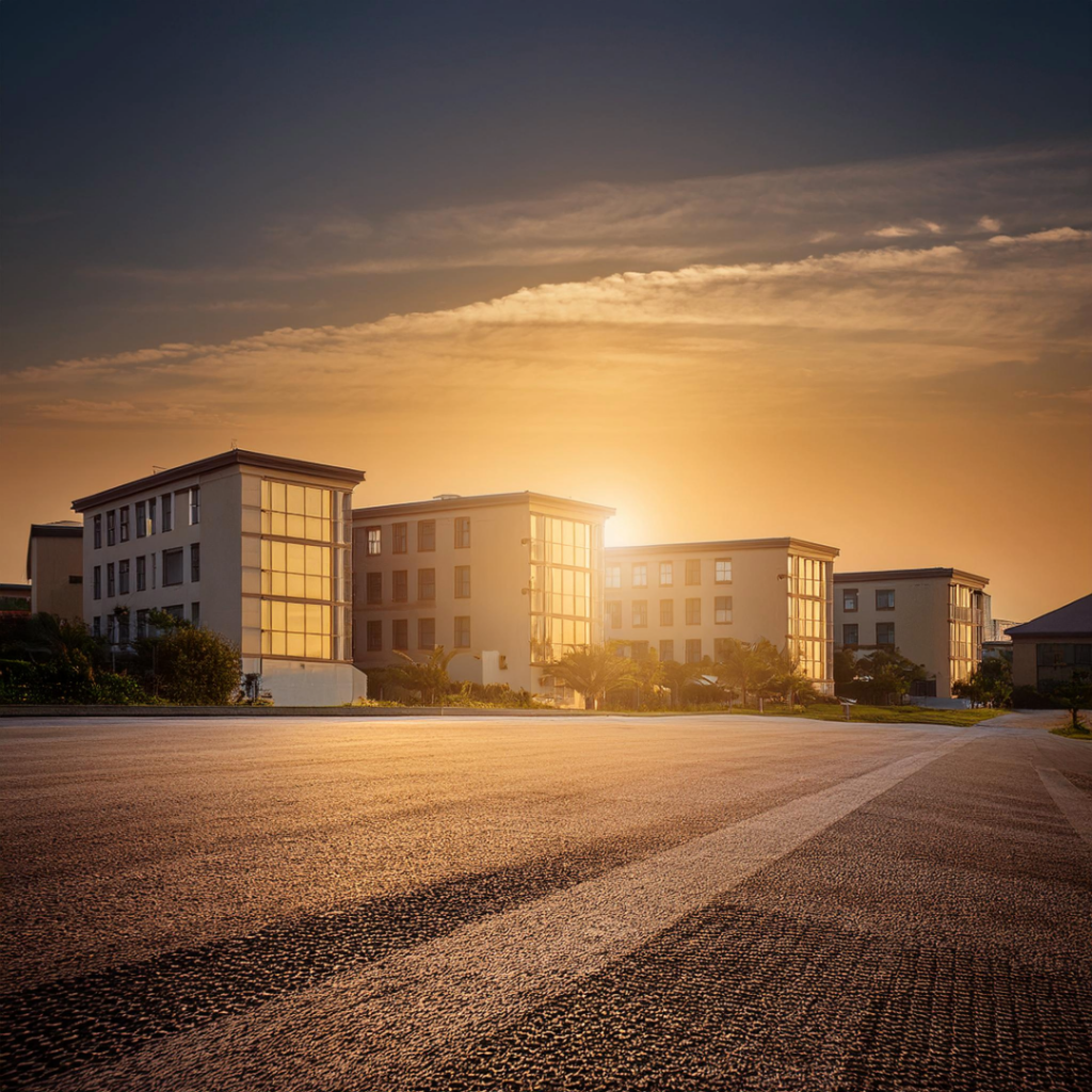 image of buildings with sun rising in the background