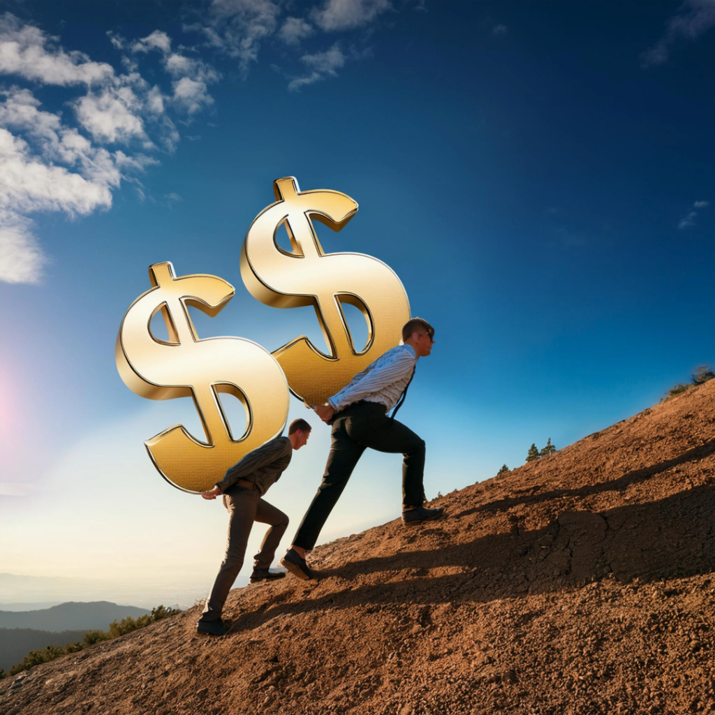 image of people going up hill carrying dollar signs on their back