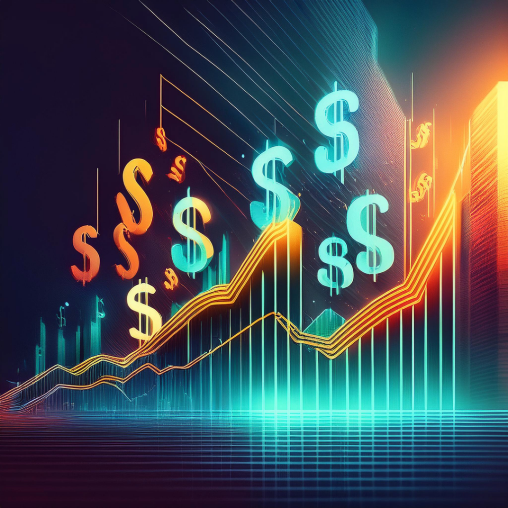 Line Graph where the lines are dollar signs with a building in the background