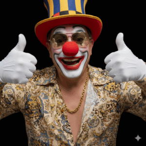 Image of Close-up on a Clown, who is wearing a red clown nose. He is giving a big, goofy smile and two thumbs up