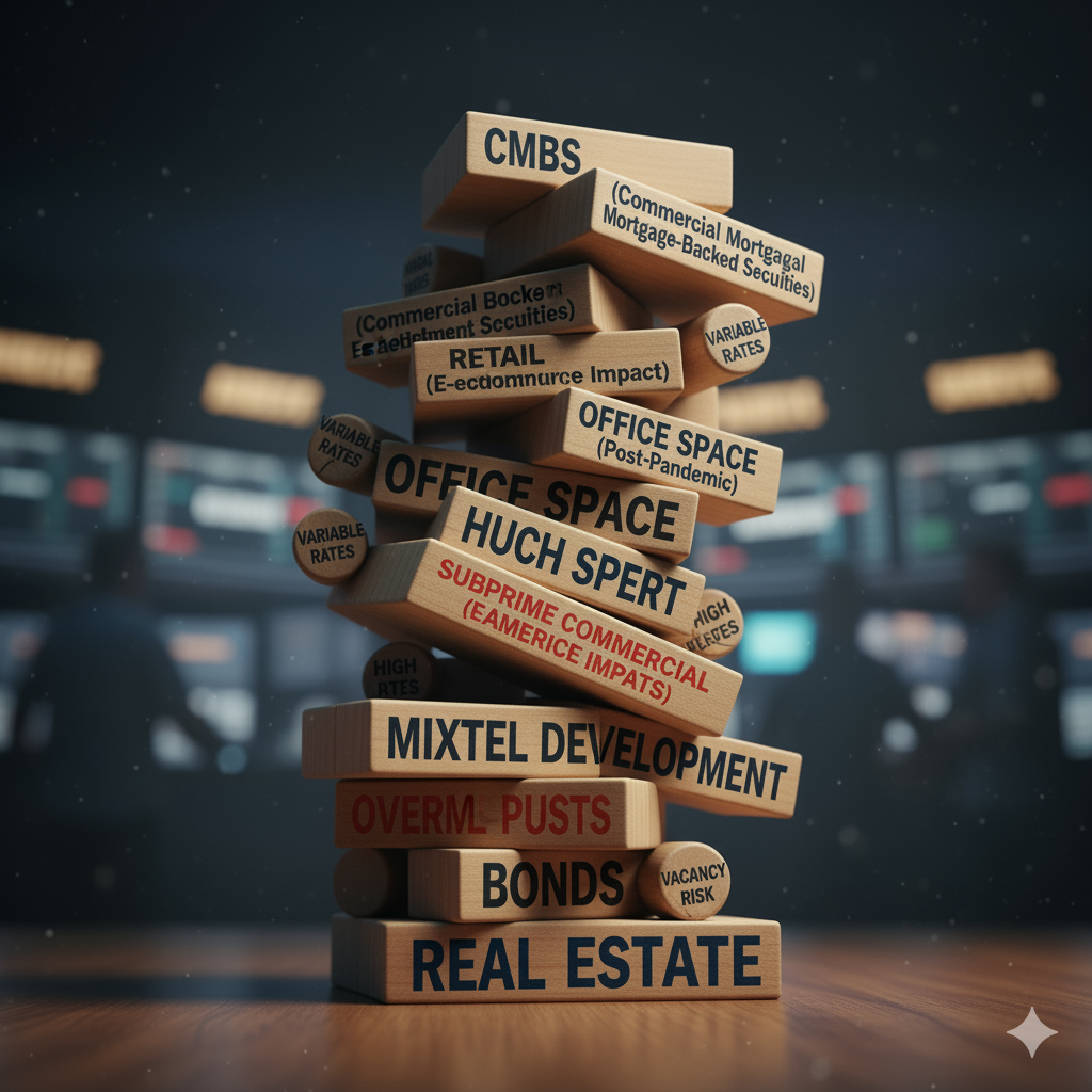 A precarious tower of blocks representing risky investments.